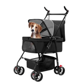 4-Wheel Pet Stroller – Foldable Carrier with Storage Basket & Removable Liner (Color: Black)