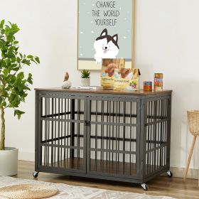 Furniture Style Dog Crate – Wrought Iron Frame with Side Openings (Grey, 43.3''W) (Color: Rustic Brown)