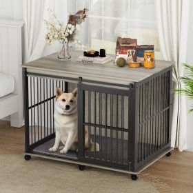 Furniture Dog Crate – Sliding Iron Door with Mat (Rustic Brown, 43.7''W) (Color: Grey)