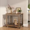 Furniture Style Dog Crate Side Table on Wheels with Double Doors (Rustic Brown)